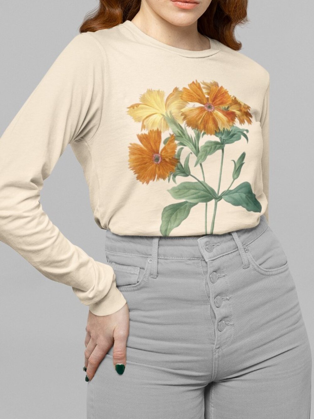Maltese Cross Vintage Floral Print Long Sleeve Graphic Tee T-shirt S-XXL